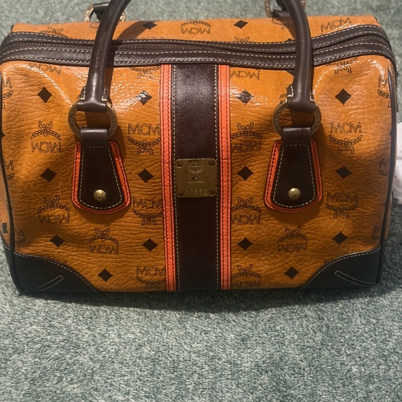 MCM Handbags - MCM Cognac Visetos Satchel with Dark Brown Trim and Orange Stripe